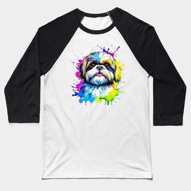 Colorful Shih Tzu Splatter Art - Adorable Canine Delight Baseball T-Shirt by Paul Buttermilk 